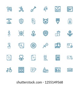 Editable 36 minimal icons for web and mobile. Set of minimal included icons line Surf, d printing, Christmas tree, Mug, Double door, Bike, Card, d printer on white background