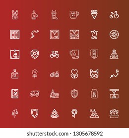 Editable 36 minimal icons for web and mobile. Set of minimal included icons line Flowers, Tipi, Flower, Toad, Shield, d printer, Poison, Christmas tree, Tuk tuk, Brace on red