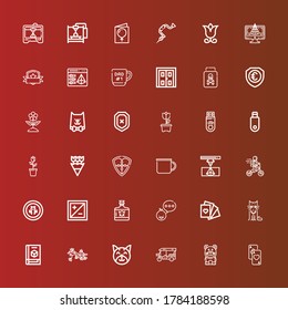 Editable 36 minimal icons for web and mobile. Set of minimal included icons line Cards, Cat, Tuk tuk, Flower, d printer, Twitter, Poison, Exposure, Shield, Bike, Mug, Flowers on red