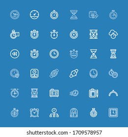 Bearbeitbare 36-minütige Icons für Web und Mobile. Minutensatz inbegriffen Symbole Zeile Wall, Stopuhr, Uhren, Zeit, Stoppuhr, Noon, Zeitplan, Weckuhr, Stundenglas auf blauem Hintergrund