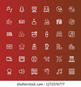 Editable 36 mixer icons for web and mobile. Set of mixer included icons line Mixer, Music, Oven, Audio, Cooking, Sliders, Measuring spoons, DJ, Slider, Plumber, Blender on red