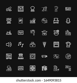 Editable 36 mixer icons for web and mobile. Set of mixer included icons line Music, Blender, Slider, Extractor, Mixer, Barman, Dj music, Sliders, Cargo truck on black background