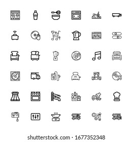 Editable 36 mixer icons for web and mobile. Set of mixer included icons line Dumper, Measuring spoons, Cargo truck, Cooking, DJ, Mixer, Cement truck, Slider on white background