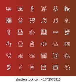 Editable 36 mixer icons for web and mobile. Set of mixer included icons line Music, Slider, Toaster, Blender, Cooking, Mixer, Sliders, Cement truck, Measuring spoons, Audio on red