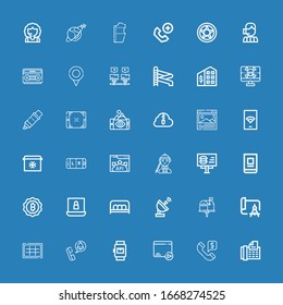 Editable 36 mobile icons for web and mobile. Set of mobile included icons line Fax, Call, Email, Smartwatch, Phone call, Grid, Drawing, Satellite dish, Bench on blue background