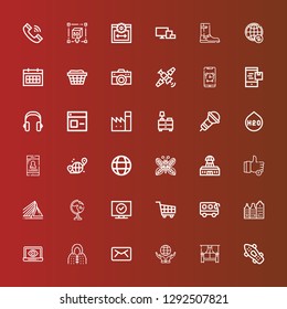 Editable 36 modern icons for web and mobile. Set of modern included icons line Skateboard, Window, World, Email, Coat, Laptop, Building, Bus, Shopping cart, Television on red