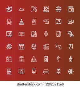 Editable 36 modern icons for web and mobile. Set of modern included icons line Earth grid, Table, Sofa, Hdmi, Television, Calendar, Speech, Notebook, Mobile, Skyscraper on red