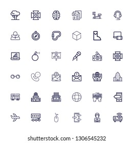 Editable 36 modern icons for web and mobile. Set of modern included icons line Projector, Hippie, Smartphone, Mouse, Deadline, Airplane, Keyboard, Earth grid on white background