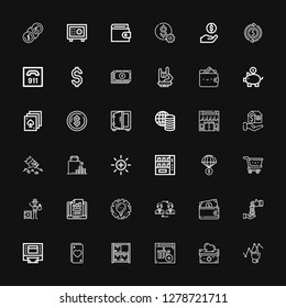 Editable 36 money icons for web and mobile. Set of money included icons line Graph, Donation, Online shop, Stock, Ace, Atm, Loan, Wallet, Exchange, Management on black background