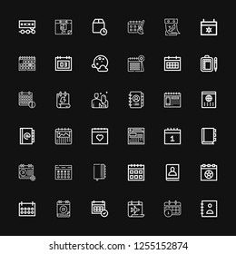 Editable 36 month icons for web and mobile. Set of month included icons line Agenda, Calendar, Appointment book, Date, Schedule, Full moon, Wait time, Deadline on black background