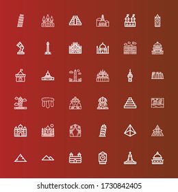 Editable 36 monument icons for web and mobile. Set of monument included icons line Capitol, Hallgrimskirkja, Big ben, Castle, Pyramid, Pisa, Arch, Taj mahal, Stonehenge on red