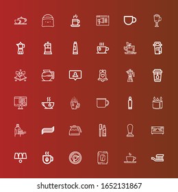 Editable 36 morning icons for web and mobile. Set of morning included icons line Toothbrush, Cup, Coffee, Breakfast, Tea, Cups, Coffee machine, Toothpaste, Coffee pot, Mug on red