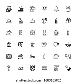 Editable 36 morning icons for web and mobile. Set of morning included icons line Bell, Coffee cup, Coffee machine, Alarm clock, Coffee pot, Espresso, Mug, Toothpaste on white background