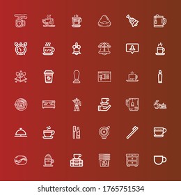 Editable 36 morning icons for web and mobile. Set of morning included icons line Coffee cup, Night, Cup, Break, Cappuccino, Coffee bean, Toothbrush, Bell, Toothpaste, Coffee on red