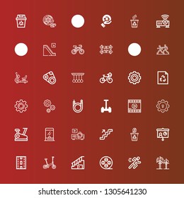 Editable 36 motion icons for web and mobile. Set of motion included icons line Wind, Running, Film reel, Stairs, Bicycle, Strip, Projector, Recycling, Ticket window, Stationary bike on red