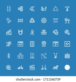 Editable 36 motion icons for web and mobile. Set of motion included icons line Escalator, Bicycle, Clapperboard, Film reel, Cradle, Ticket window, Projector on blue background
