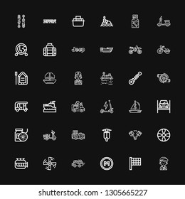 Editable 36 motor icons for web and mobile. Set of motor included icons line Mechanic, Finish flag, Metro, Pick up, Engine propeller, Engine, Propeller, Piston on black background