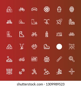 Editable 36 mountain icons for web and mobile. Set of mountain included icons line Gym, Climbing, Mountain, Bike, Ski, Disaster, Rope, Ride, Landscape, Dune, Boot, Bicycle on red
