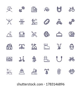 Editable 36 mountain icons for web and mobile. Set of mountain included icons line Bicycle, Rope, Mountains, Calvary, Camping, Boots, Skier, Landscape, Geisha on white background