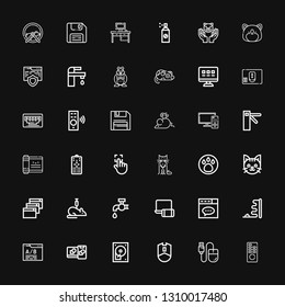 Editable 36 mouse icons for web and mobile. Set of mouse included icons line Remote control, Mouse, Hard disc, Computing, Web site, Website, Electronics, Tap on black background