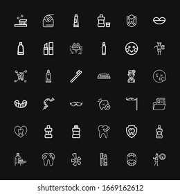 Editable 36 mouth icons for web and mobile. Set of mouth included icons line Disgusted, Fangs, Toothpaste, Yelp, Tooth, Mouthwash, Dental, Mustache, Moustache on black background