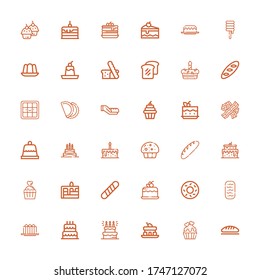 Editable 36 muffin icons for web and mobile. Set of muffin included icons line Bread, Cupcake, Cake, Birthday cake, Baguettes, Bagel, Baguette, Muffin, Dessert on white background