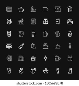 Editable 36 mug icons for web and mobile. Set of mug included icons line Beer, Tea, Coffee pot, Canteen, Cup, Steelyard, Coffee, Coffee cup, Thermos, Thermo on black background