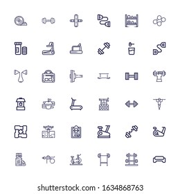 Editable 36 muscle icons for web and mobile. Set of muscle included icons line Gym, Dumbbell, Bench press, Stationary bike, Fitness, Vitamin, Barbell, Gym file on white background