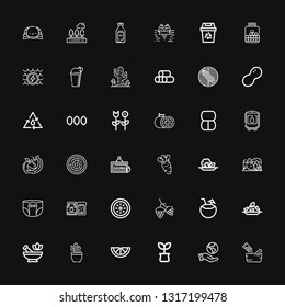 Editable 36 natural icons for web and mobile. Set of natural included icons line Seasoning, Ecologism, Plant, Lemon, Cactus, Mortar, Rice, Coconut, Hop, Kiwi on black background