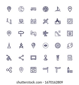 Editable 36 navigation icons for web and mobile. Set of navigation included icons line Marker, Straight, Binoculars, Website, Compass, Share, Menu, Arrows on white background