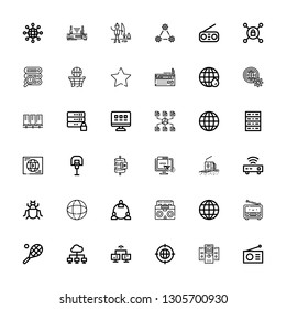 Editable 36 net icons for web and mobile. Set of net included icons line Radio, Servers, Earth grid, Network, Tennis, Insect, Router, Web, Send data, Basketball on white background