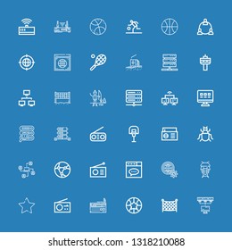 Editable 36 net icons for web and mobile. Set of net included icons line Network, Fishing net, Basketball, Radio, Favourite, Insect, Internet, Website, Server on blue background