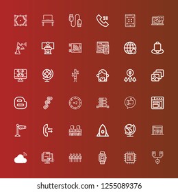 Editable 36 network icons for web and mobile. Set of network included icons line Servers, Chip, Smartwatch, Team, Web, Cloud, Browser, Earth, Startup, Communication, Call on red