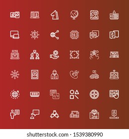 Editable 36 network icons for web and mobile. Set of network included icons line Search engine, Coding, Electronics, Teamwork, Blogger, User, Firewall, Terra, Shape, Code on red