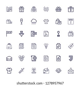 Editable 36 new icons for web and mobile. Set of new included icons line Mail, Monkey, Email, Fountain, Champagne, Shirt, Juventus, File, Egg, Price tag, Shopping bag on white background