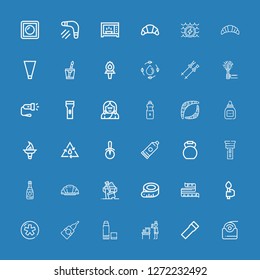 Editable 36 nobody icons for web and mobile. Set of nobody included icons line Dental floss, Flashlight, Water, Glue, Diaspora, Torch, Measuring tape, Sand on blue background