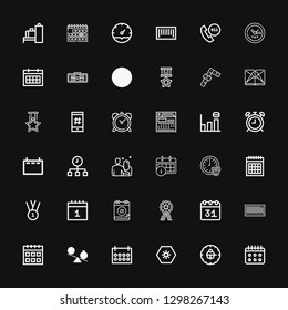 Editable 36 number icons for web and mobile. Set of number included icons line Calendar, Clock, Day, Time, Barcode, Medal, Date, Alarma clock, Graph bar, Hashtag on black background