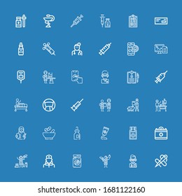 Editable 36 nurse icons for web and mobile. Set of nurse included icons line Needle, Doctor, Veterinarian, Eye jar, Nurse, Medical, Medicine, Medicines, Syringe on blue background
