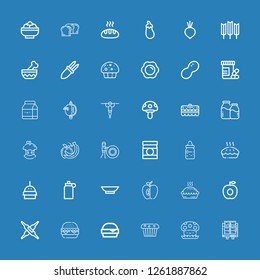 Editable 36 nutrition icons for web and mobile. Set of nutrition included icons line Tofu, Mushroom, Muffin, Hamburger, Burger, Calcium, Apricot, Pie, Apple on blue background