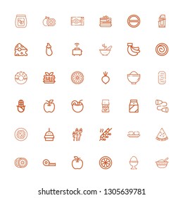 Editable 36 nutrition icons for web and mobile. Set of nutrition included icons line Baby food, Boiled egg, Orange, Apple, Measuring tape, Kiwi, Watermelon on white background