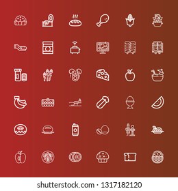 Editable 36 nutrition icons for web and mobile. Set of nutrition included icons line Fruit, Bread, Muffin, Kiwi, Tofu, Apple, Spaghetti, Nutritionist, Nuts, Energy drink on red