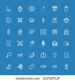Editable 36 nutrition icons for web and mobile. Set of nutrition included icons line Chocolate bar, Carrot, Carrots, Peanut, Sugar cane, Aubergine, Milk, Boiled egg on blue background