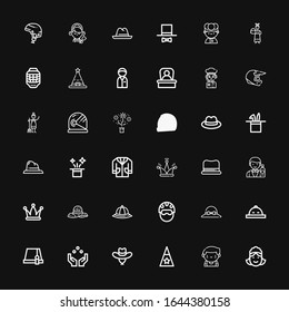 Editable 36 occupation icons for web and mobile. Set of occupation included icons line Maid, Barman, Hat, Juggling ball, Helmet, Lab coat, Chef, Boss, Policeman on black background
