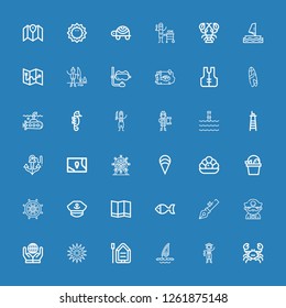 Editable 36 ocean icons for web and mobile. Set of ocean included icons line Crab, Pirate, Windsurf, Boat, Sea urchin, World, Anchor, Fish, Map, Captain, Rudder on blue background