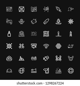 Editable 36 ocean icons for web and mobile. Set of ocean included icons line Lifesaver, Sea, Dive, World, Turtle, Crab, Anglerfish, Cargo ship, Jet ski, Pearl on black background