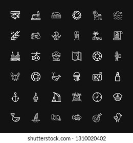 Editable 36 ocean icons for web and mobile. Set of ocean included icons line Seagull, World, Clown fish, Map, Windsurf, Whale, Captain, Cardinal points, Hammocks on black background