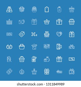 Editable 36 offer icons for web and mobile. Set of offer included icons line Gift, Voucher, Basket, Discount, Coupon, Gifts, Tag, Shopping basket, Proposal on blue background