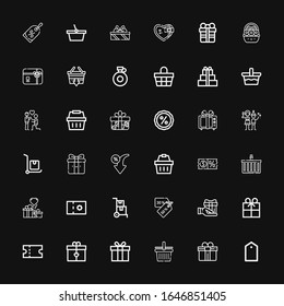 Editable 36 offer icons for web and mobile. Set of offer included icons line Tag, Gift, Shopping basket, Coupon, Discounts, Delivery cart, Gifts, Discount on black background