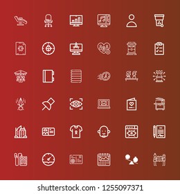 Editable 36 office icons for web and mobile. Set of office included icons line Planning, Time, Calendar, Postcard, Clock, Voice recorder, Contract, Vision, Avatar, Shirt on red