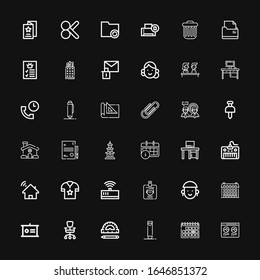 Editable 36 iconos de oficina para web y móvil. El conjunto de oficinas incluía iconos línea Perfil, Calendario, Crayon, Gobernante, Presidente de oficina, Presentación, Edificio, Avatar sobre fondo negro